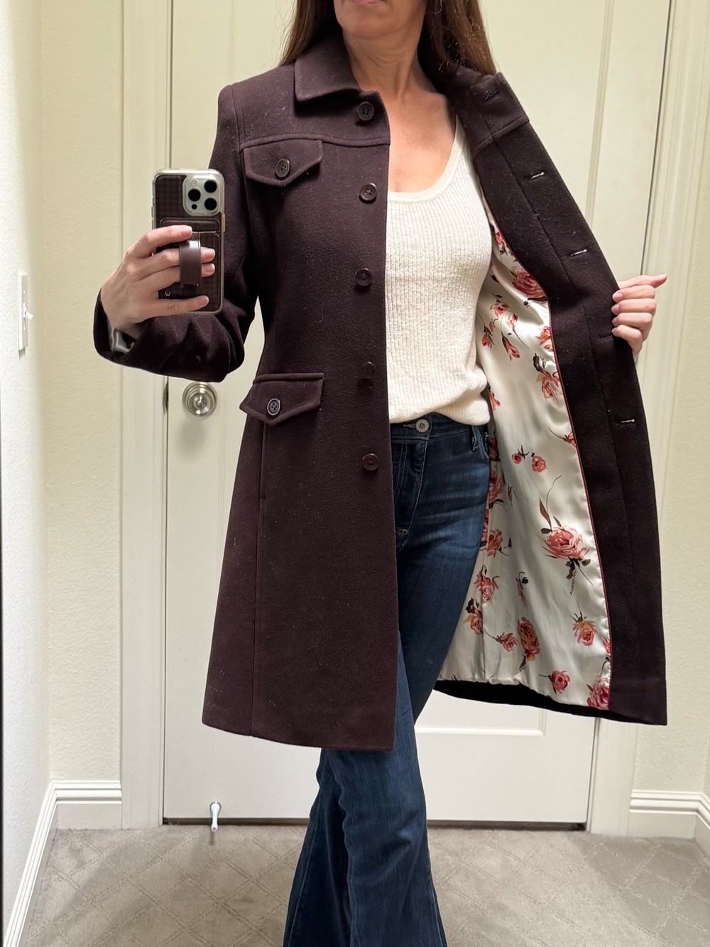 Via Spiga Chocolate Brown Wool Pea Coat - Picture 2 of 8